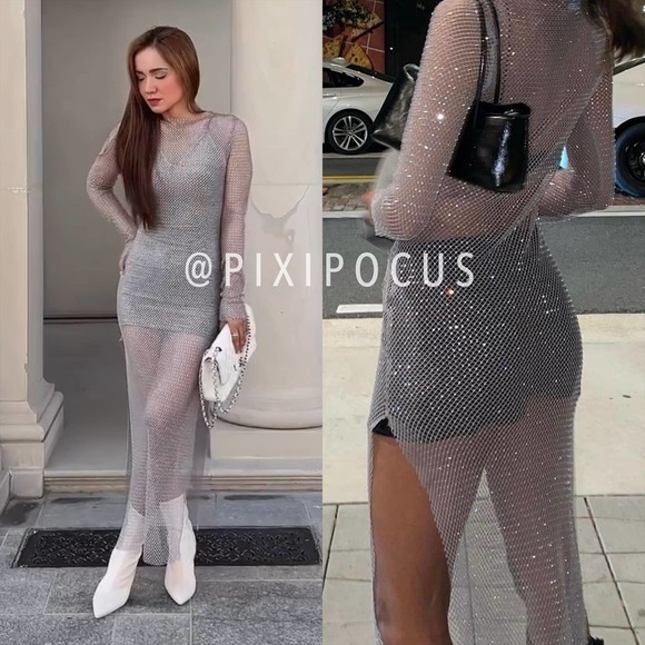 ZARA RHINESTONE MESH DRESS SILVER M - Picture 1 of 15